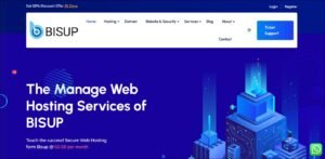 Bisup hosting website home page of blue color