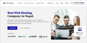 nest nepal web hosting website home page of white background with two men and a women looking at laptop